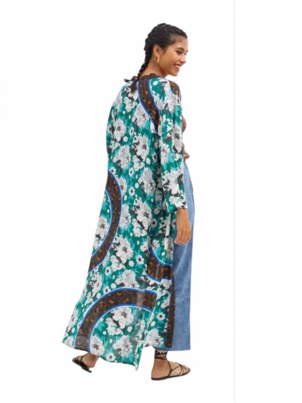 ANTHROPOLOGIE • BLANK LONDON • Beautiful Boho Floral Teal & White Duster Kimono